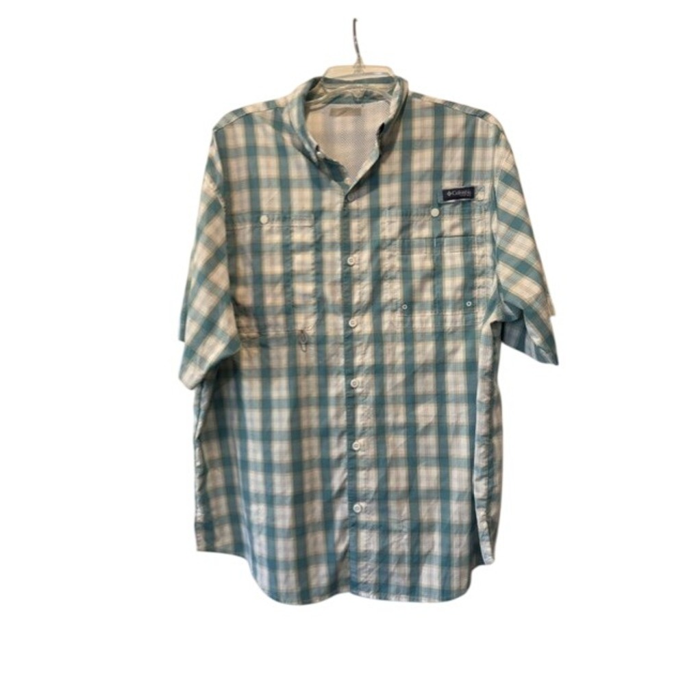 Columbia PFG Mens Short Sleeve Plaid Fishing Shirt Teal Blue Ventilated XL